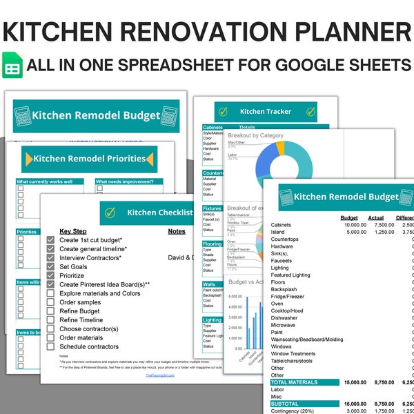 Kitchen Renovation Budget, Home Renovation Organizer, Remodel Tracker, Renovation Spreadsheet - Use in Google Sheets