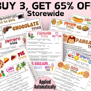K&ouml;nnte beinhalten: Eine Sammlung farbenfroher Trivia-Spielb&ouml;gen zu verschiedenen Themen, darunter Schokolade, Popcorn und Sport. Die B&ouml;gen enthalten Fragen und Antworten, mit dem Text "BUY 3, GET 65% OFF Storewide" oben.