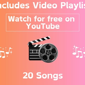 K&ouml;nnte beinhalten: Bild mit einem orange-rosa Farbverlauf im Hintergrund. Der Text lautet "Includes Video Playlist" und "Watch for free on YouTube". Eine Filmklappe und eine Filmrolle befinden sich in der Mitte, mit Noten auf beiden Seiten. Der Text "20 Songs" steht unten.