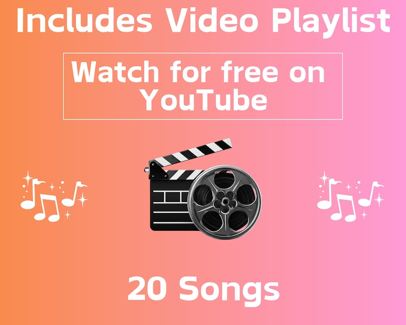 K&ouml;nnte beinhalten: Bild mit einem orange-rosa Farbverlauf im Hintergrund. Der Text lautet "Includes Video Playlist" und "Watch for free on YouTube". Eine Filmklappe und eine Filmrolle befinden sich in der Mitte, mit Noten auf beiden Seiten. Der Text "20 Songs" steht unten.
