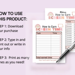 May include: A printable chart with a rainbow design and the text "How to Earn Screen Time". The chart has a column for tasks and a column for time. There are checkboxes next to each time option. The time options are 5 minutes, 10 minutes, and 15 minutes. There is a section at the bottom for "Total earned time".