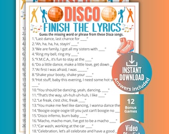 Disco Finish the Lyrics Trivia Game, Printable 70s Music Game for Kids Teens Adults, Disco Activity, Ideas for Seniors, 1970s Trivia Party