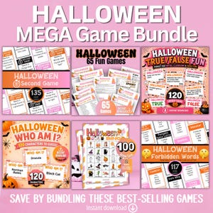 May include: A Halloween mega game bundle featuring six distinct printable game sets including Halloween Second Game, 65 Fun Games, True/False Fun, Who Am I, Bingo, and Forbidden Words. The collection includes various cards and sheets with text.