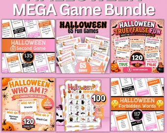 Może przedstawiać: Zestaw gier na Halloween zawierający sześć różnych gier do druku, w tym Halloween Second Game, 65 Fun Games, True/False Fun, Who Am I, Bingo oraz Forbidden Words. Kolekcja zawiera różne karty i arkusze z tekstem.