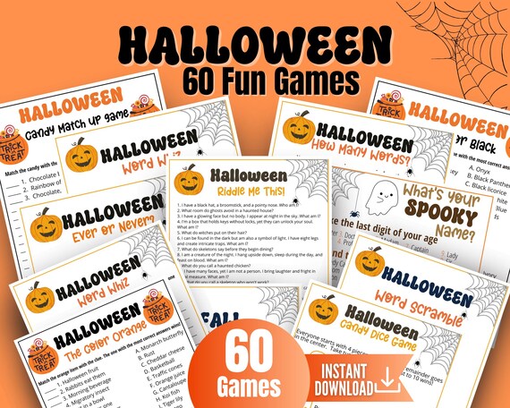 Halloween Games, Halloween Party Game Bundle, Classroom Halloween Activity, 60 Fun Printable Halloween Games for Adults, Teens and Kids