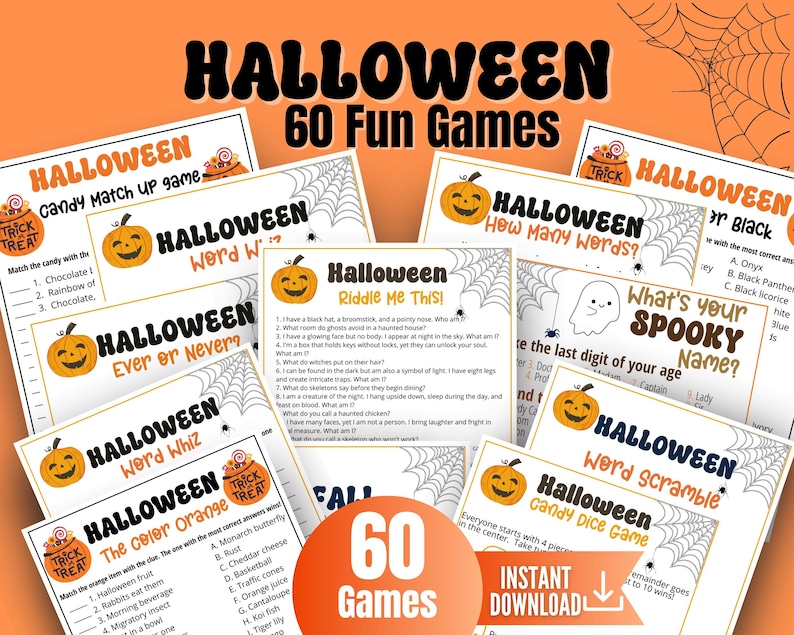 Halloween Games, Halloween Party Game Bundle, Classroom Halloween Activity, 60 Fun Printable Halloween Games for Adults, Teens and Kids image 1