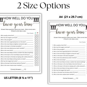 May include: A printable game sheet titled How Well Do You Know Your Team with 15 questions, checkboxes for guesses, and a score section. Two size options are shown: A4 measuring 21 by 29.7 cm and US Letter measuring 8.5 by 11 inches.
