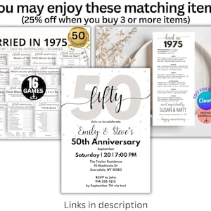 May include: A 50th anniversary invitation with a silver and white background. The invitation features a black script font that says "fifty" and "Emily & Steve's 50th Anniversary". The invitation also includes the date and time of the event, the location, and RSVP information.