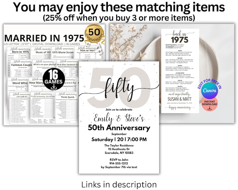 May include: A 50th anniversary invitation with a silver and white background. The invitation features a black script font that says "fifty" and "Emily & Steve's 50th Anniversary". The invitation also includes the date and time of the event, the location, and RSVP information.