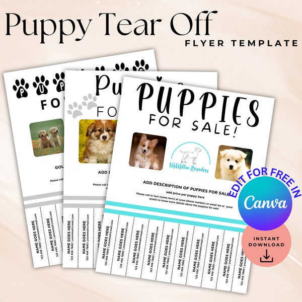 Folleto editable de Puppy Marketing, folleto de desgarro de cachorros de adopción de perros, plantilla publicitaria de cachorros en venta, descarga digital de plantilla Canva