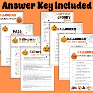 May include: A set of printable Halloween games for children. The games include a candy match-up, a word search, a candy dice game, a riddle me this, a word scramble, and a how many words game. The games feature a Halloween theme with pumpkins, ghosts, and bats.
