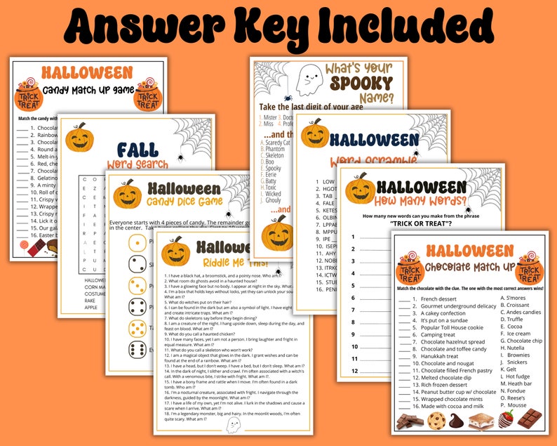 May include: A set of printable Halloween games for children. The games include a candy match-up, a word search, a candy dice game, a riddle me this, a word scramble, and a how many words game. The games feature a Halloween theme with pumpkins, ghosts, and bats.