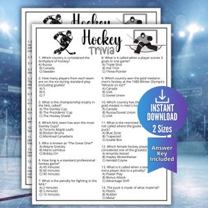 Puede incluir: Un juego de trivia de hockey imprimible en blanco y negro con 14 preguntas y respuestas, incluidas preguntas sobre la Copa Stanley y jugadores famosos. Incluye una opción de descarga instantánea en dos tamaños.