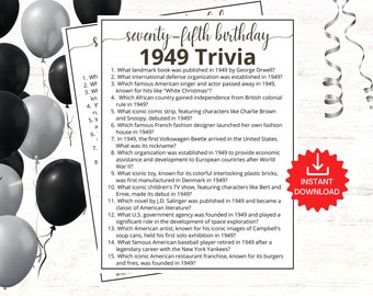 1949 Trivia Game, 75th Birthday Party Games, Born in 1949 Game, 1949 Birthday Games, 75th Birthday Games