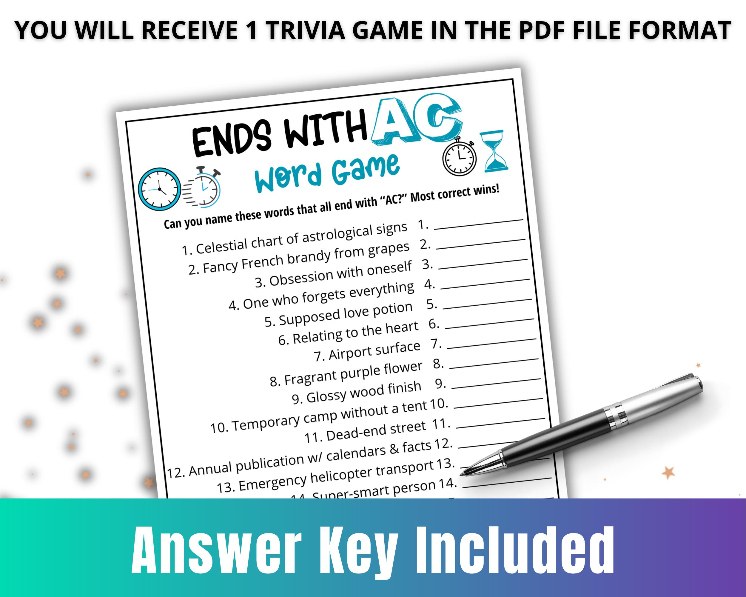 Pop Culture Trivia Game, Ends With AC Word Quiz,printable Game for Kids ...