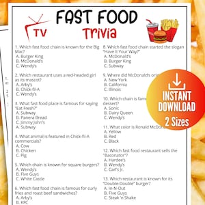 Fast Food Trivia Game, Quick Serve Ad Slogan Quiz,Printable TV Commercial Game for Kids & Adults,Family Game Movie Night,Office Party Fun