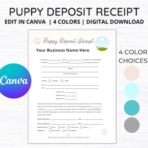Reçu de dépôt modifiable pour chiot, dossiers d'éleveur de chiens, formulaires d'éleveur de chiens, édition gratuite dans Canva D001