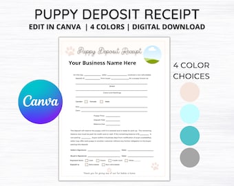 Editable Puppy Deposit Receipt, Dog Breeder Records, Dog Breeder Forms, Edit for Free in Canva D001