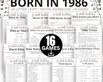 40th Birthday Party Games, Born in 1986 Game, 1986 Birthday Games, 40th Birthday Game Bundle Gift, 1986 Trivia Quiz, 1986 Pop Culture Game