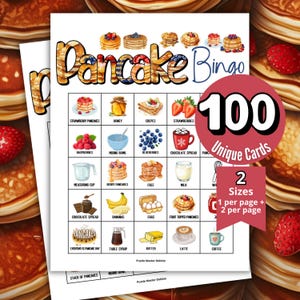 Puede incluir: Una hoja de juego de Pancake Bingo con una cuadrícula de ilustraciones de desayuno que incluyen fresas, miel, crepes y pilas de tortitas. El título dice Pancake Bingo, con una insignia circular roja que indica 100 Unique Cards y 2 Sizes.