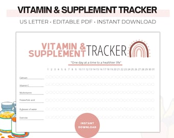 May include: Printable vitamin and supplement tracker with a rainbow design. The tracker includes a list of vitamins and supplements to track, including calcium, vitamin C, multivitamin, folate/folic acid, 8 glasses of water, and exercise. The tracker has a space for each day of the month.