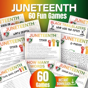May include: A collection of Juneteenth-themed game printables. The games include trivia, word searches, mazes, and more. The text on the printables includes "Juneteenth," "60 Fun Games," and "Instant Download."