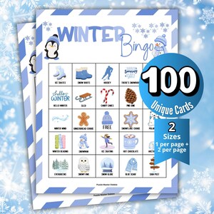 May include: A Winter Bingo game sheet featuring a grid of seasonal icons like ice skates, snow boots, and a snowman. The header reads Winter Bingo, and a blue circular overlay states 100 Unique Cards in 2 sizes, 1 per page and 2 per page.