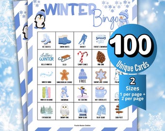 May include: A Winter Bingo game sheet featuring a grid of 25 winter-themed illustrations including ice skates, snow boots, a snowman, and hot chocolate. The text reads Winter Bingo, 100 Unique Cards, and 2 Sizes 1 per page + 2 per page.