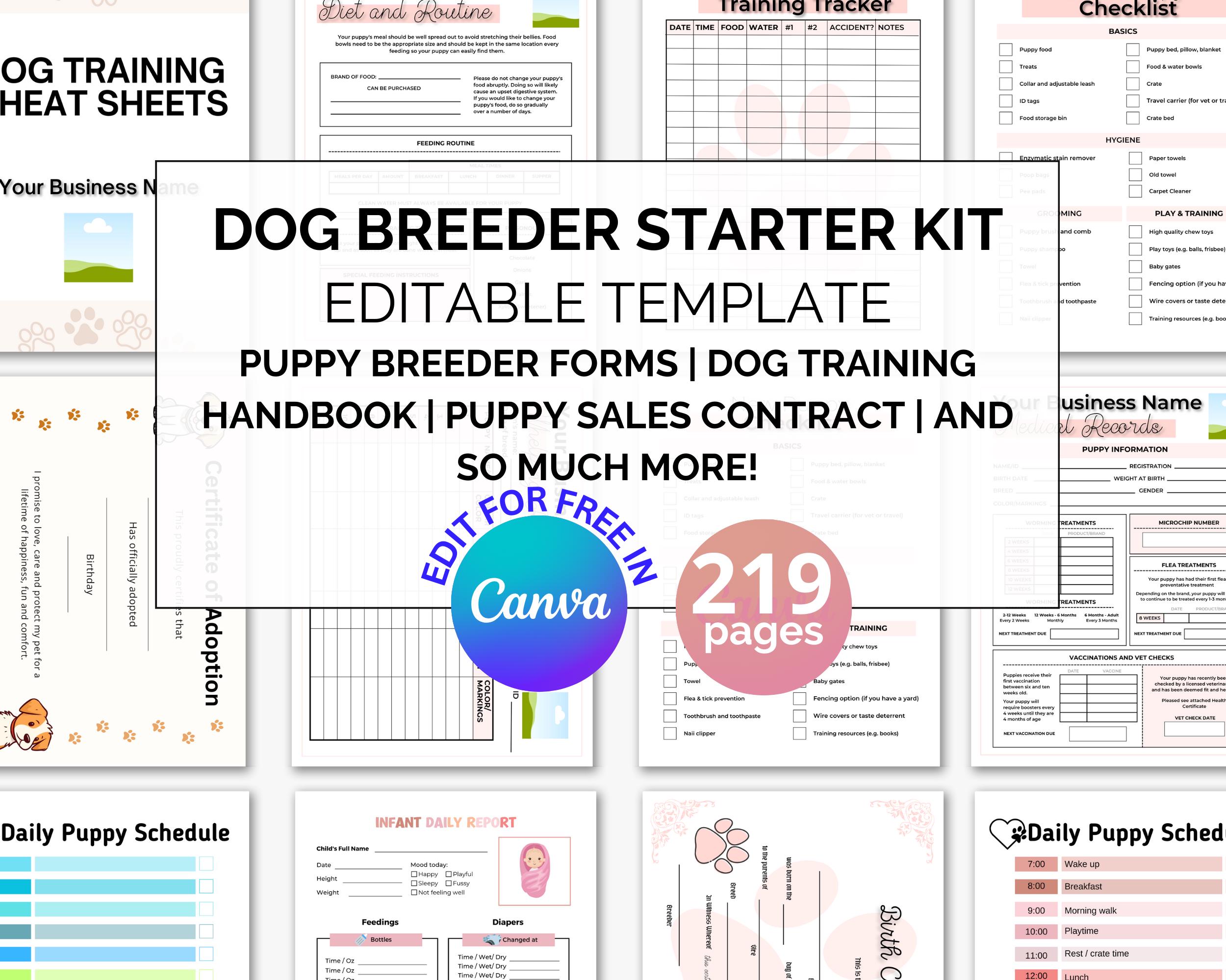 Editable Puppy Breeder Starter Kit Templates, Dog Training Handbook for Breeders, Puppy Breeder Forms, Canva Templates for dog businesses
