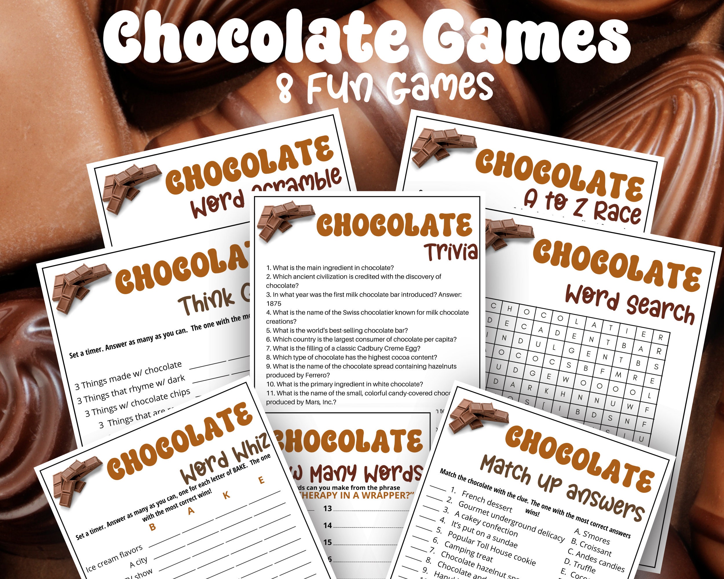 Chocolate Game Bundle, 8 Games, Valentine's Day Game, Galentine's Games, Chocolate Holiday Party