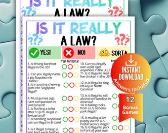 Weird and Wacky Laws Trivia, Weird but True Pop Culture Game, Printable Game for Adults & Seniors, Family Game Night,Lawyer Fun,Funny Quiz