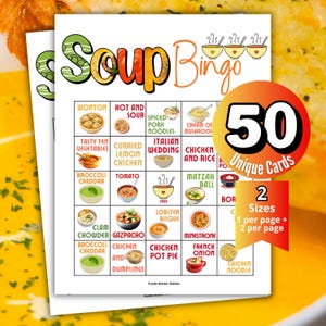 May include: Two Soup Bingo game cards are stacked. The top card displays a bingo grid with soup names and illustrations. A circular graphic states "50 Unique Cards" and "2 Sizes". The game is designed by Puzzle Master Debbie.