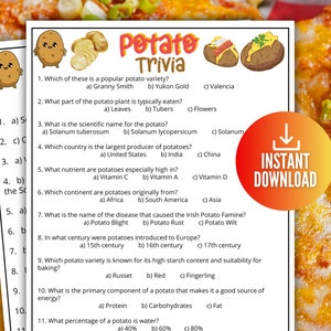 Potato Trivia Game,Printable Potato Bar Game for Kids & Adults, National Potato Day, Office Party Activity, Baby Shower, Dinner Party Idea