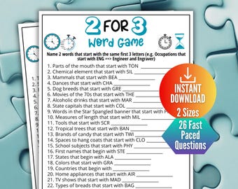 Juego de preguntas y respuestas sobre cultura pop, concurso de palabras de las primeras 3 letras, juego imprimible para niños y adultos, noche de juegos en familia, diversión para fiestas de oficina, trivia de palabras