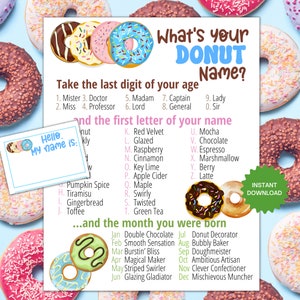 Qual é o seu jogo de nome de donut COM CRACHÁS + SINAL, jogo de festa de donut, atividade de aniversário e chá de bebê, diversão com donuts para adultos e crianças para impressão