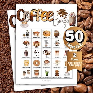 以下が含まれることがあります： コーヒーをテーマにしたイラストとラベルのグリッドが特徴のコーヒービンゴゲームシート。タイトルはCoffee Bingoで、金色の円形バッジには50 Unique Cards, 2 Sizes, 1 per page + 2 per pageと記載されています。様々なコーヒー関連のアイテムが含まれています。