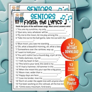 Può includere: Un foglio di gioco stampabile intitolato "Seniors Finish the Lyrics" con un design blu e bianco. Il gioco include un elenco di testi di canzoni da completare, con un cerchio arancione che dice "Download istantaneo" e "12 giochi bonus".