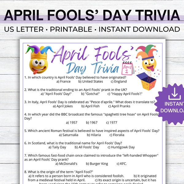 April Fools' Day Trivia, Printable Multiple Choice April Fools' Day Game,Classroom April Fools' Activity,April Fools' Day ideas for Teachers