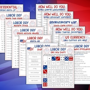 May include: A collection of printable game sheets featuring patriotic themes, including Presidential Slogan Match Up, Labor Day trivia, and various quizzes about historical figures like George Washington, Alexander Hamilton, and Thomas Jefferson.