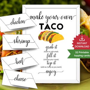Taco Bar Station Schild & Tischkarten, Machen Sie Ihre eigenen Taco-Schilder, Tex-Mex Fiesta Themed Geburtstagsparty, Babyparty, Condiment Tischkarten.
