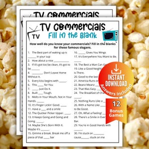 TV-reklam, frågesport om reklamslogan, frågesport om fyllning, utskrivbart spel för barn och vuxna, familjespel, filmkväll, kontorsfest, kul
