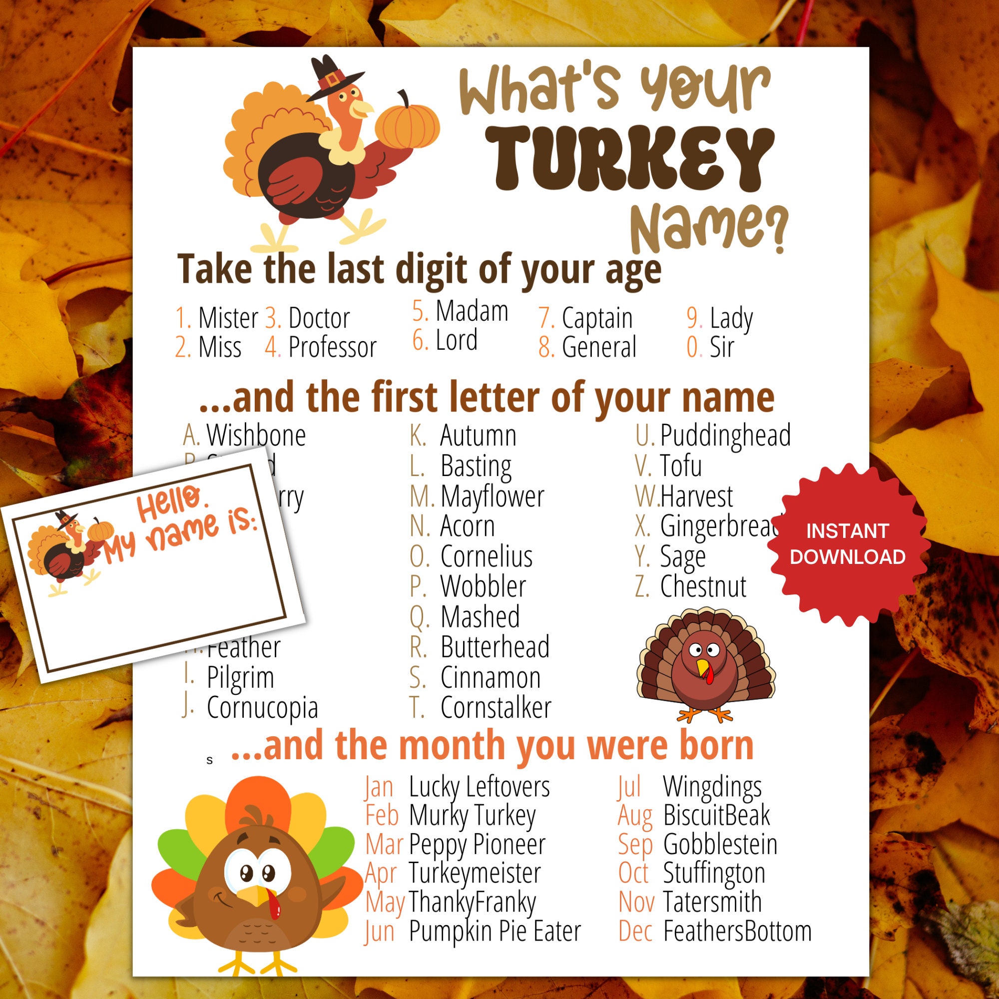 what's your turkey name game with nametags + sign, thanksgiving