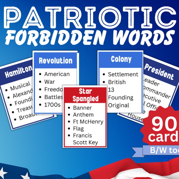 Patriottisch verboden woordenspel, 4 juli-activiteit voor kinderen en volwassenen, Onafhankelijkheidsdagfeest en Memorial Day-spel, afdrukbaar trivia-spel