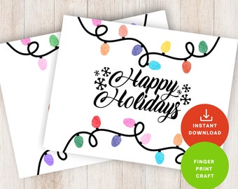 May include: Printable card with a black and white illustration of a string of Christmas lights with colorful finger paint dots. The text "Happy Holidays" is written in a decorative font. The card is labeled "Instant Download" and "Finger Print Craft".