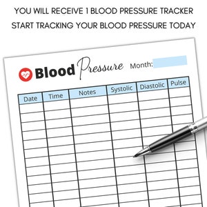 Może przedstawiać: Drukowany tracker ciśnienia krwi z czerwonym sercem i symbolem EKG. Tracker zawiera kolumny na datę, godzinę, notatki, ciśnienie skurczowe, ciśnienie rozkurczowe i puls.