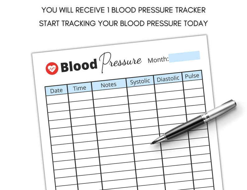 Może przedstawiać: Drukowany tracker ciśnienia krwi z czerwonym sercem i symbolem EKG. Tracker zawiera kolumny na datę, godzinę, notatki, ciśnienie skurczowe, ciśnienie rozkurczowe i puls.