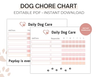 Tabla de tareas para perros, tabla de tareas para niños, tabla de responsabilidades de mascotas, recompensas para niños, Chore Bucks - PDF editable D001