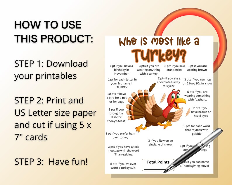 以下が含まれることがあります： Who is most like a Turkey?というタイトルの印刷可能なゲームシート。七面鳥のイラストとポイントベースの質問が記載されています。テキストには、ダウンロード、USレターサイズ用紙への印刷、5 x 7インチのカードへのカットに関する手順が含まれています。
