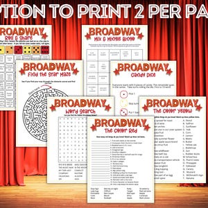 May include: A collection of printable Broadway-themed games, including a word search, maze, bingo, and color-matching activities. The games feature red and gold star accents and the word "Broadway" in a decorative font. The background is a red curtain.