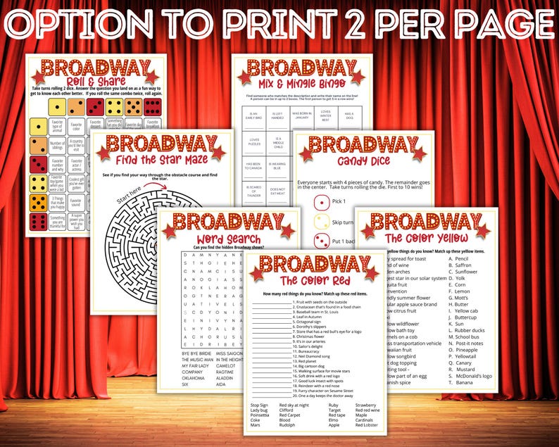May include: A collection of printable Broadway-themed games, including a word search, maze, bingo, and color-matching activities. The games feature red and gold star accents and the word "Broadway" in a decorative font. The background is a red curtain.